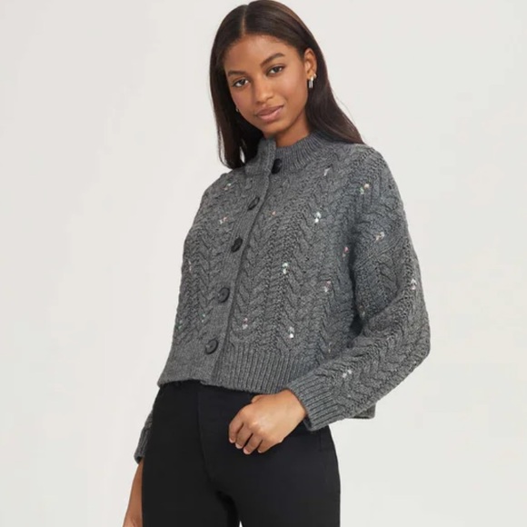 Something Navy Embroidered Cable Knit Cardigan sz XS Grey - Picture 10 of 11